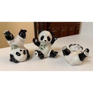 Vintage Panda Bear Figurines Set Taiwan Ceramic OmniBus Black White Bamboo